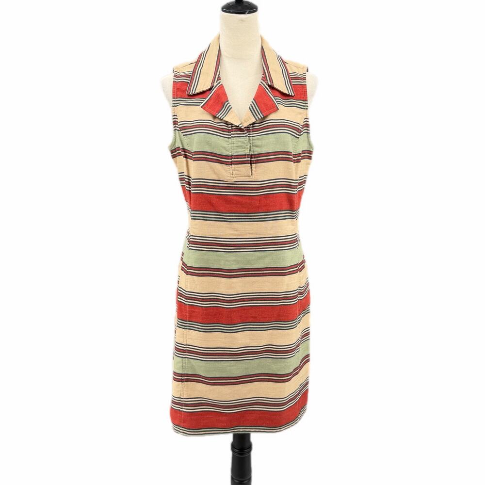 Double D Ranch Tan Red Green Striped Collared Sleeveless Cotton Sheath Dress